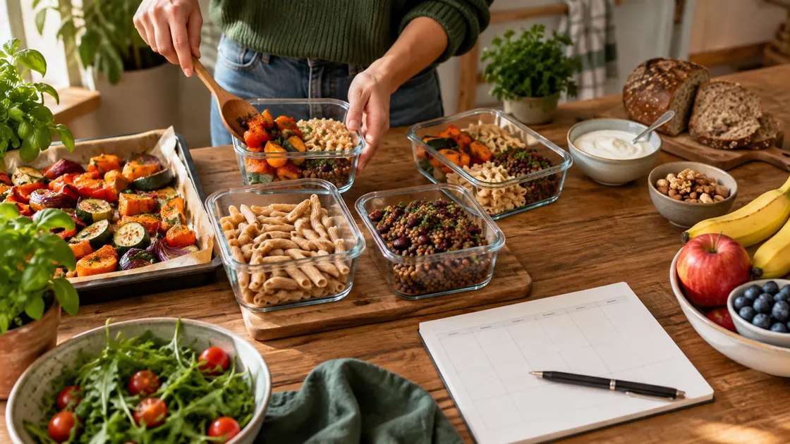 Richtige Ernährung – vorbereitete Gemüse-, Vollkorn- und Hülsenfruchtbausteine für eine flexible Woche.