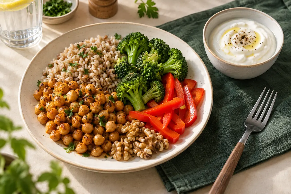 Rohkost Ernährung – Mahlzeit aus gegarten Kichererbsen, Getreide, Gemüse und roher Paprika.