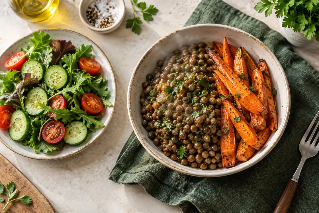 Rohkost Ernährung – kleiner frischer Salat neben gegarten Linsen und gerösteten Karotten.