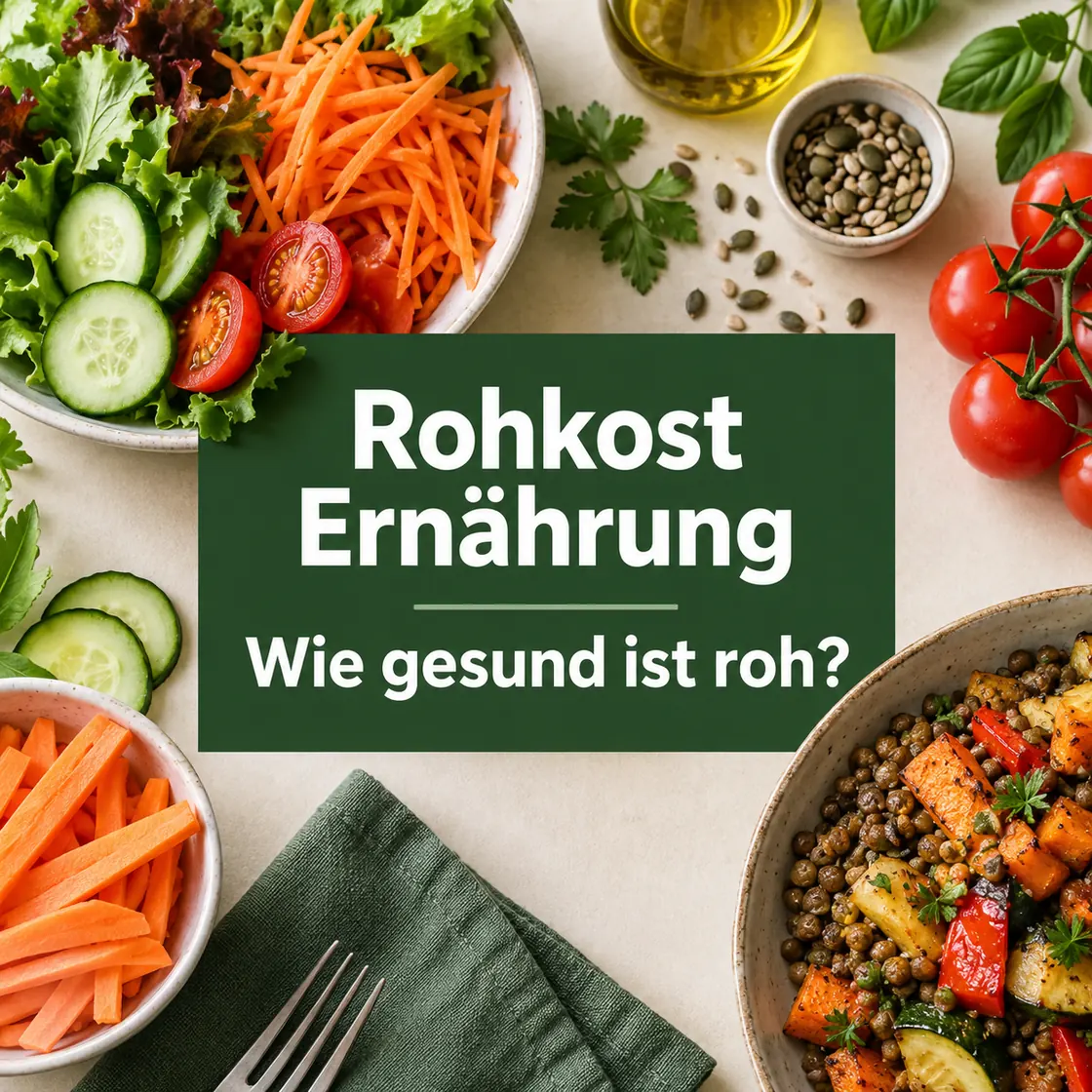 Rohkost Ernährung – frisches Gemüse und gegarte Linsen mit der Frage, wie gesund rohes Essen ist.