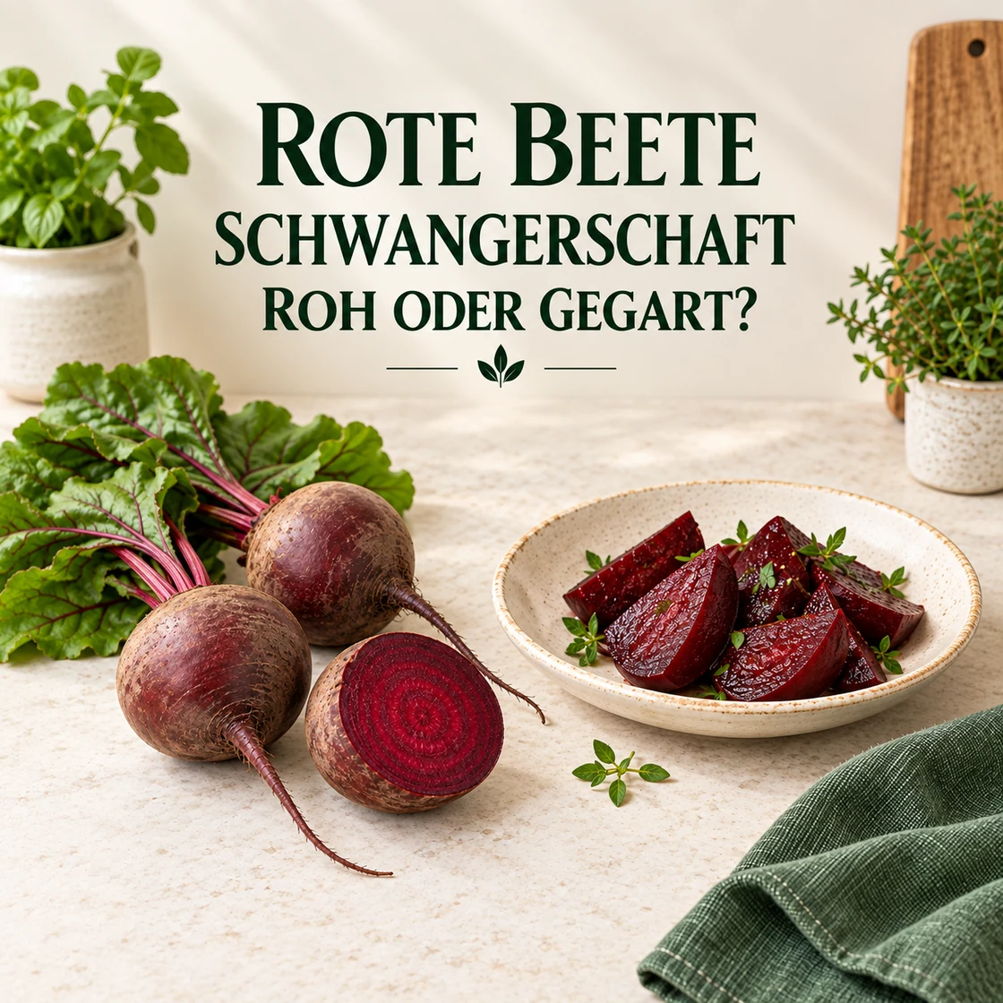 rote beete schwangerschaft: ganze und halbierte Knollen sowie gegarte Stücke unter dem Schriftzug ROH ODER GEGART?