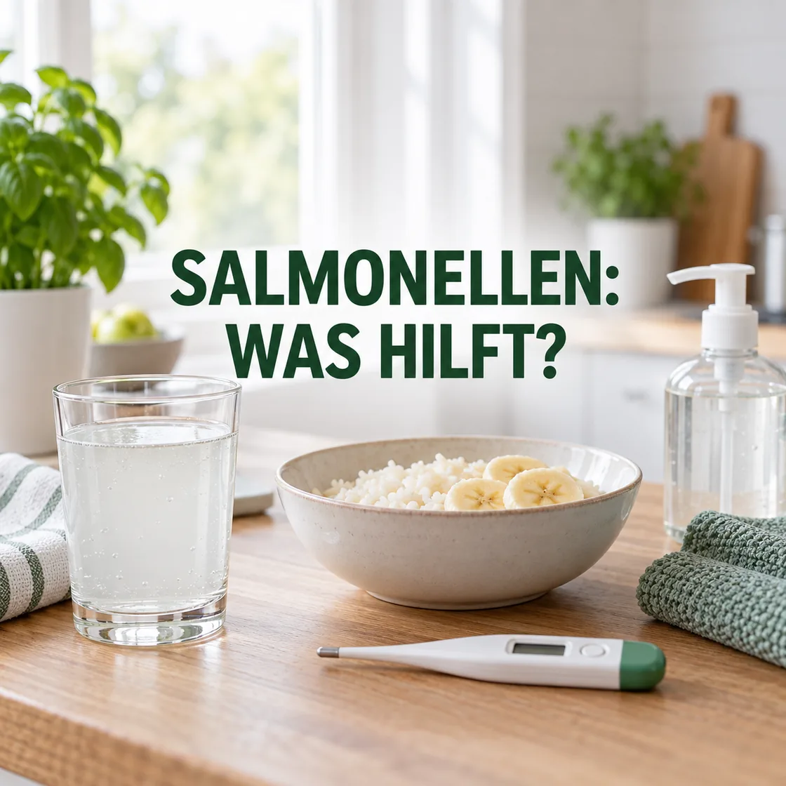 Salmonellen Hausmittel – Flüssigkeit, milde Mahlzeit, Thermometer und Händehygiene.
