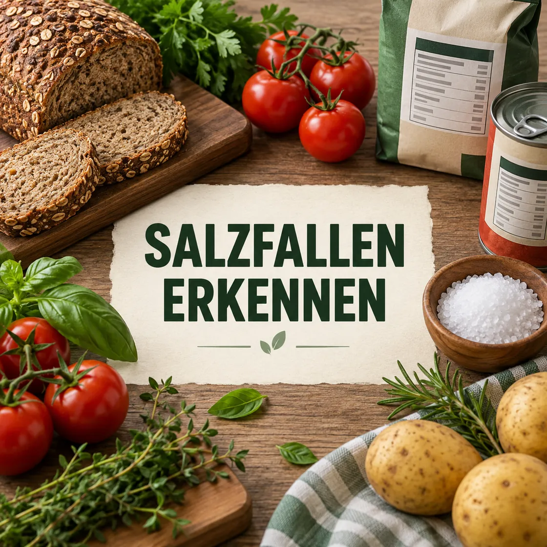 Salzarme Ernährung – Brot, Gemüse, Kräuter, Kartoffeln und eine kleine Menge Jodsalz.