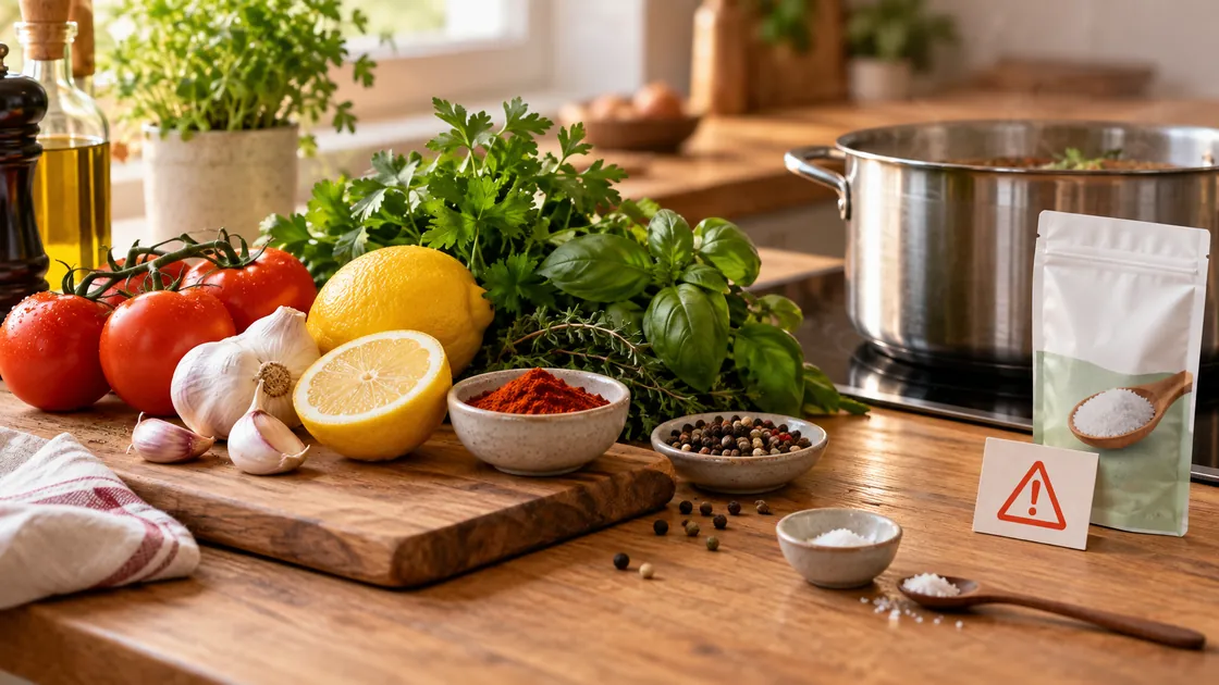 Salzarme Ernährung – Kräuter, Zitrone und Gewürze neben einer abgemessenen Menge Jodsalz.