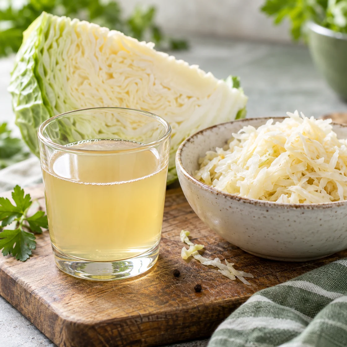 Sauerkrautsaft gesund: Glas Kohlsaft neben ganzem Weißkohl und einer Schale Sauerkraut