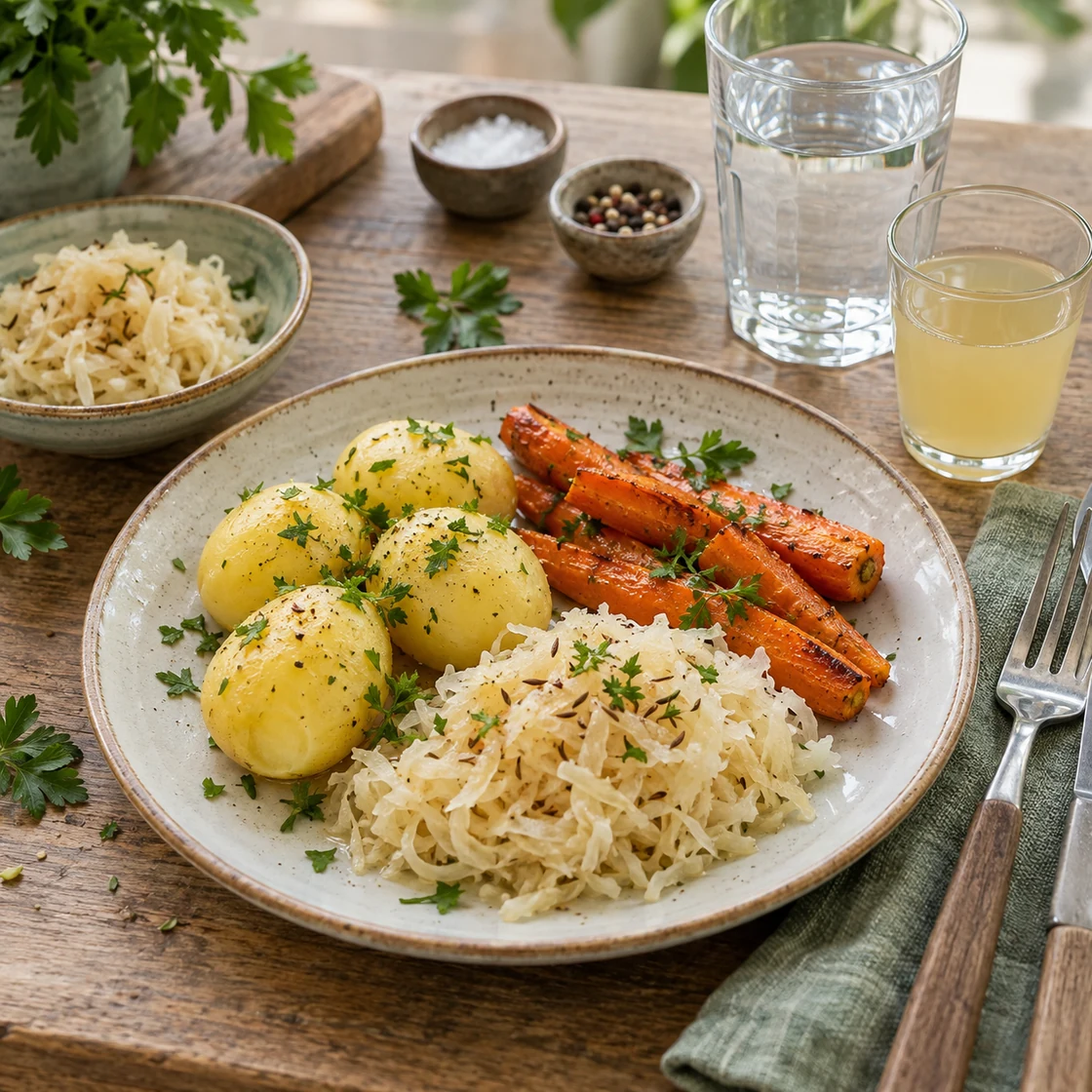 Sauerkrautsaft gesund: Kartoffeln, Karotten und Sauerkraut mit einem kleinen Saftglas und Wasser