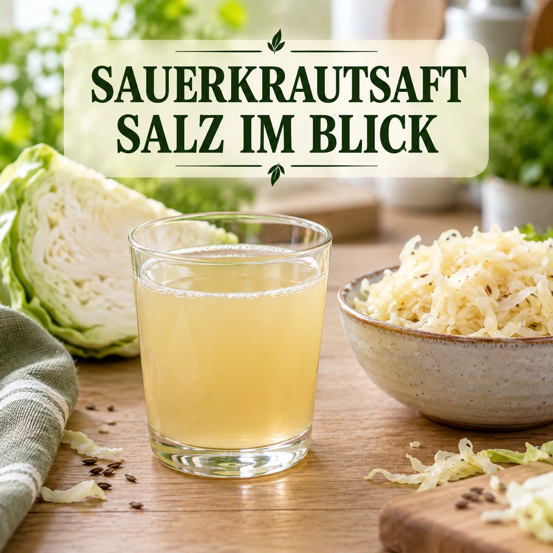 Sauerkrautsaft gesund: fermentierter Kohlsaft und Weißkohl mit Schriftzug SAUERKRAUTSAFT SALZ IM BLICK