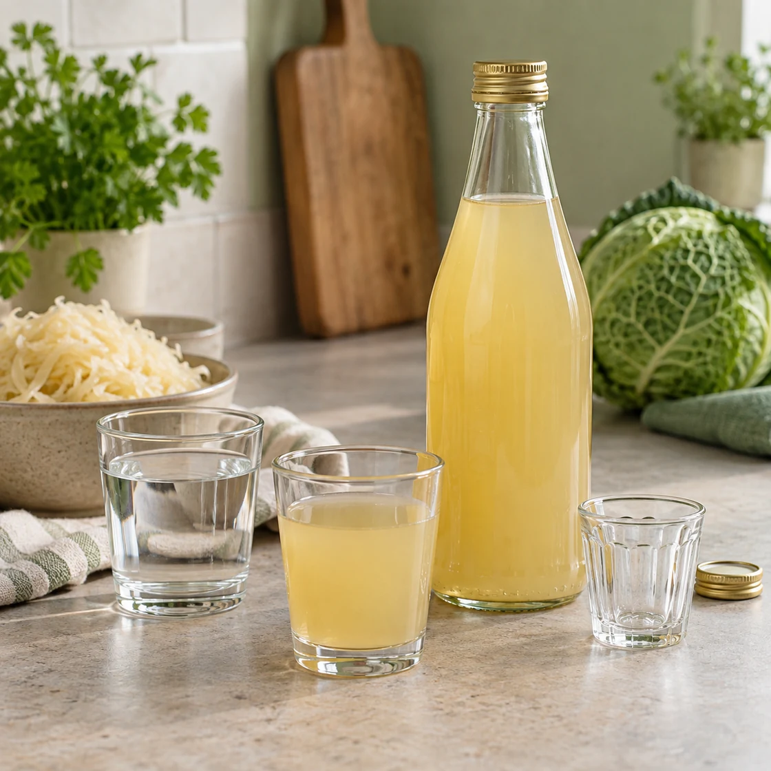 Sauerkrautsaft gesund: Saftflasche, kleines Saftglas und Wasserglas für den Portionsvergleich