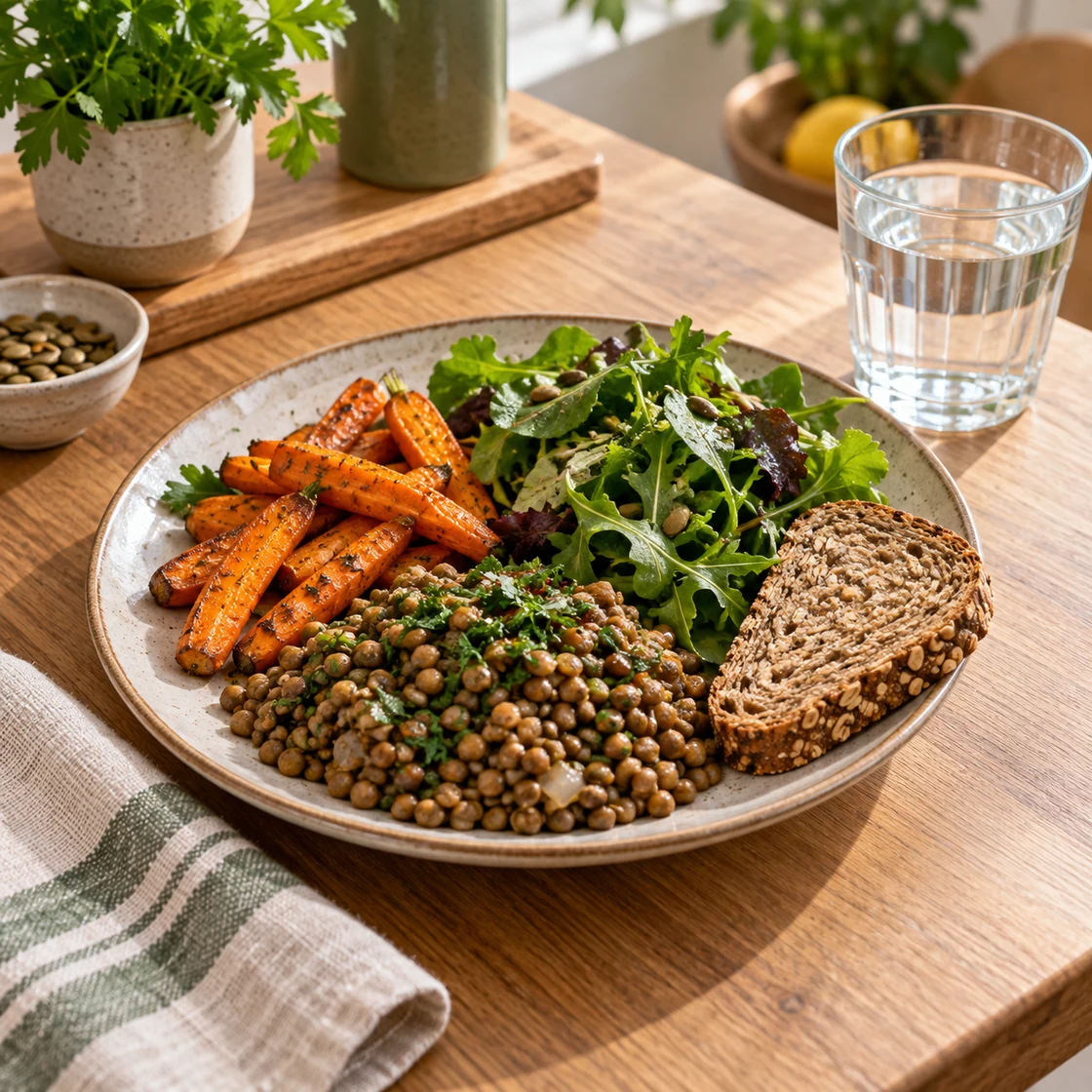 saxenda abnehmen – Mittagessen mit Linsen, Gemüse und Vollkornbrot