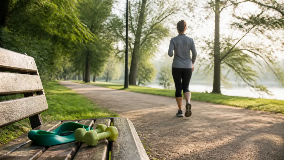 Schnell 10 kg abnehmen – zügiges Gehen im Park mit Hanteln und Widerstandsband für Krafttraining.
