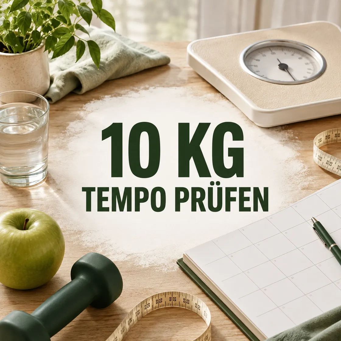 Schnell 10 kg abnehmen – Waage, Kalender, Wasser, Apfel und Hantel für eine realistische Planung.