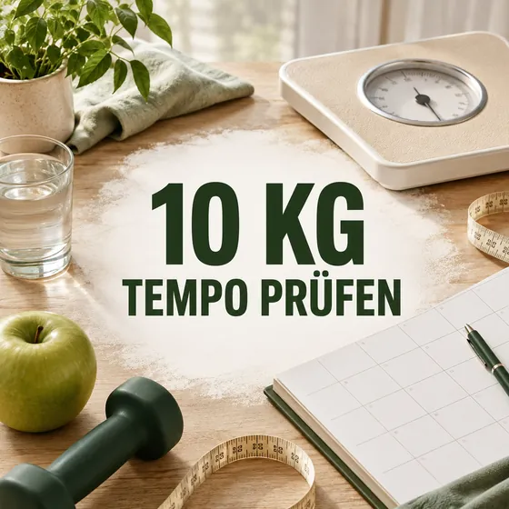 Schnell 10 kg abnehmen – Waage, Kalender, Wasser, Apfel und Hantel für eine realistische Planung.