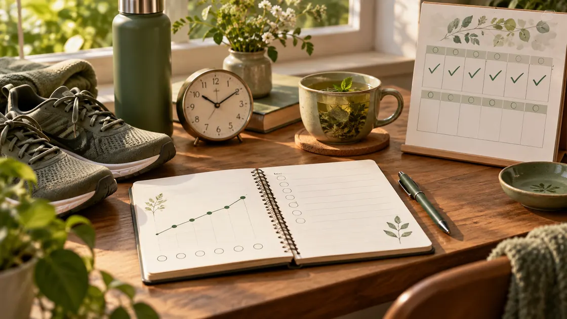 Schnell abnehmen in einer Woche – Bewegungsroutine und Wochenauswertung mit Kalender und Notizbuch.