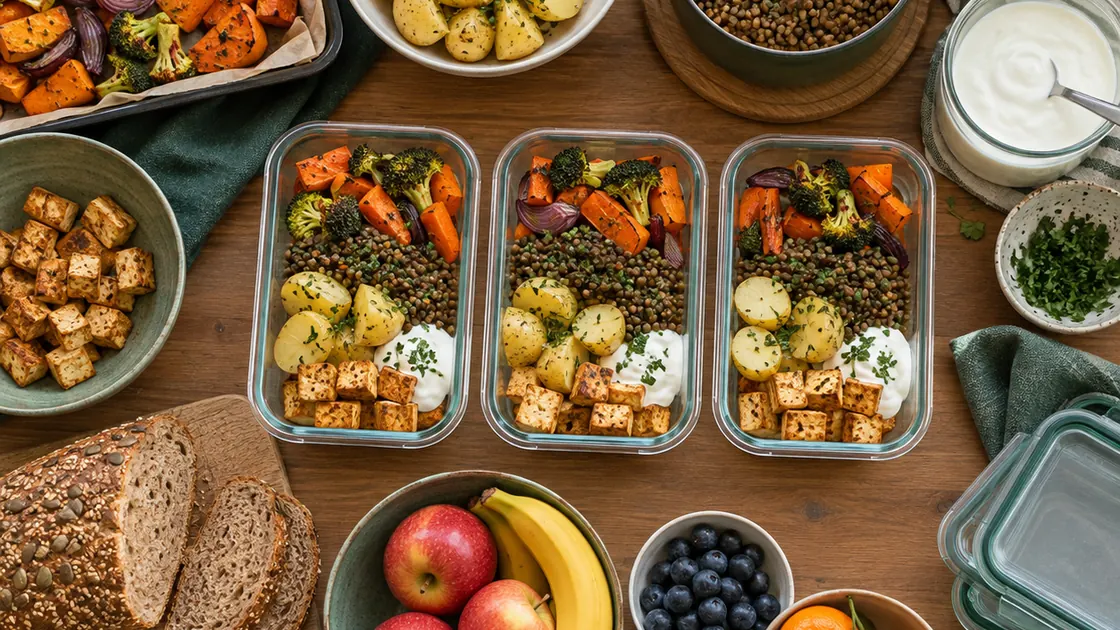 Schnell abnehmen am Bauch in 2 Wochen – vorbereitete Mahlzeiten mit Gemüse, Kartoffeln, Linsen und Tofu.