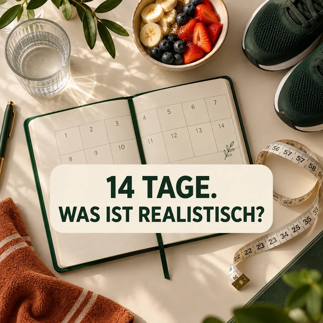 Schnell abnehmen am Bauch in 2 Wochen – 14-Tage-Kalender mit Maßband, Wasser, Obst und realistischem Hinweis.