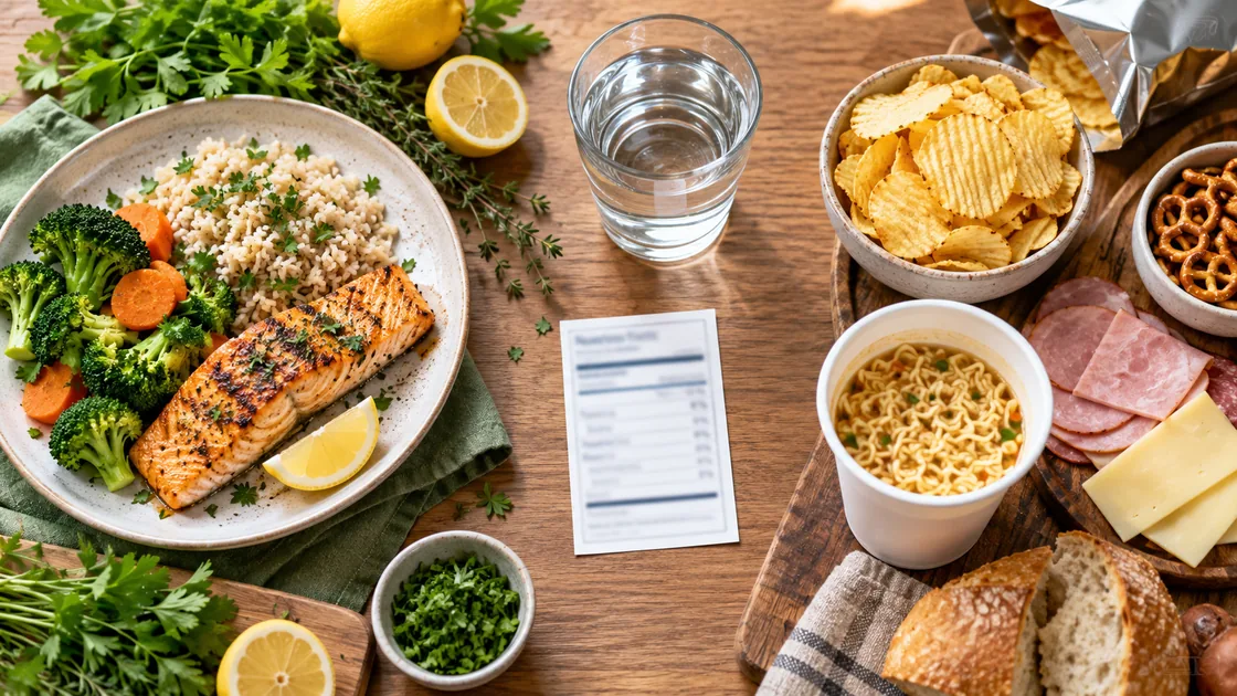 schnell entwässern hausmittel – frisch gekochte Mahlzeit neben salzigen Fertigprodukten, Wasser, Kräutern und Zitrone