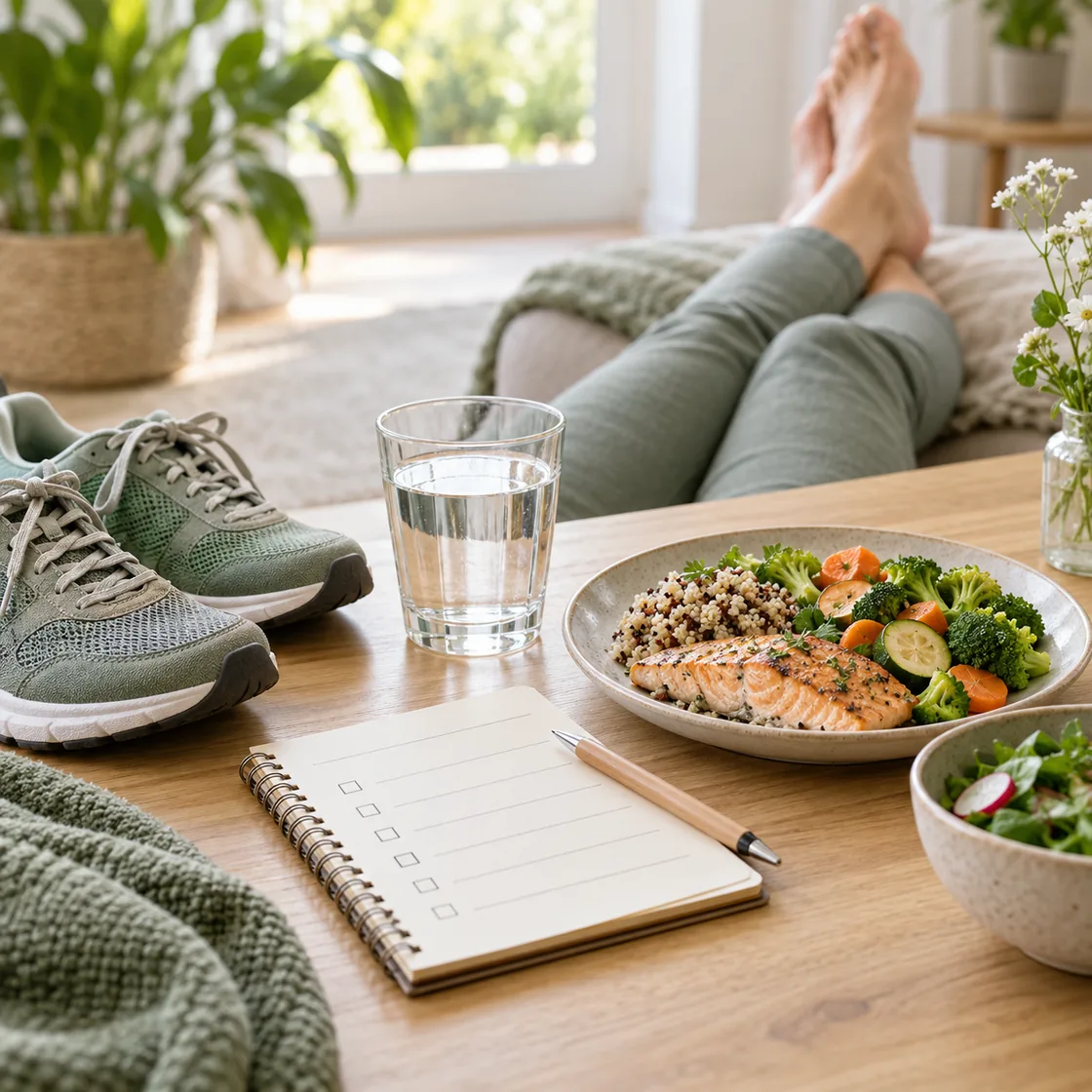 schnell entwässern hausmittel – ruhige Alltagsszene mit hochgelagerten Beinen, Wasser, Mahlzeit, Schuhen und Checkliste