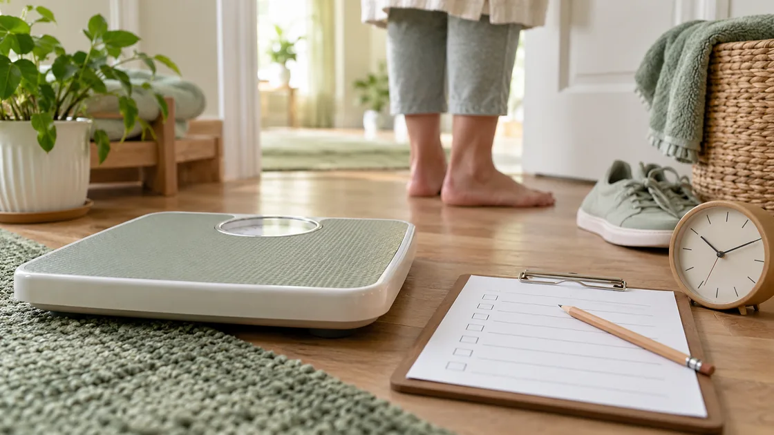 schnell entwässern hausmittel – Waage, leere Beobachtungsliste, Uhr und bequeme Schuhe am Morgen