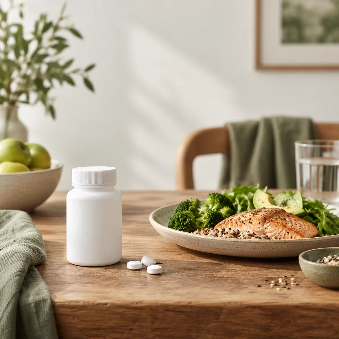 schüssler salze abnehmen – neutrale Tablettenflasche neben Mahlzeit