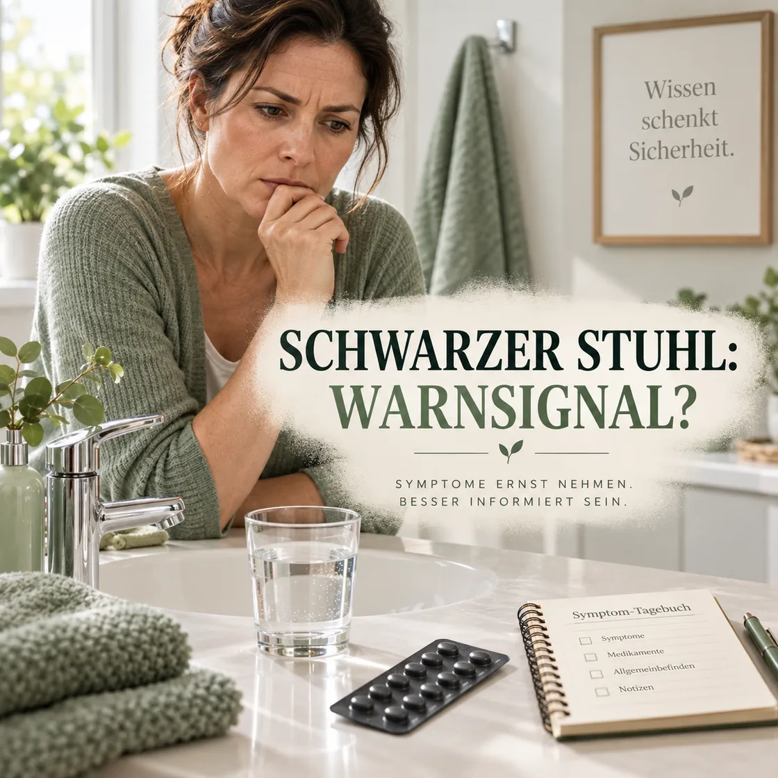 Schwarzer Stuhlgang Corona – besorgte Person mit Symptomtagebuch und Medikamenten.
