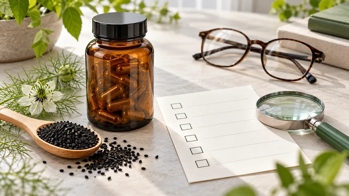schwarzkümmelöl abnehmen – Produktflasche, Samen, Lupe und leere Checkliste