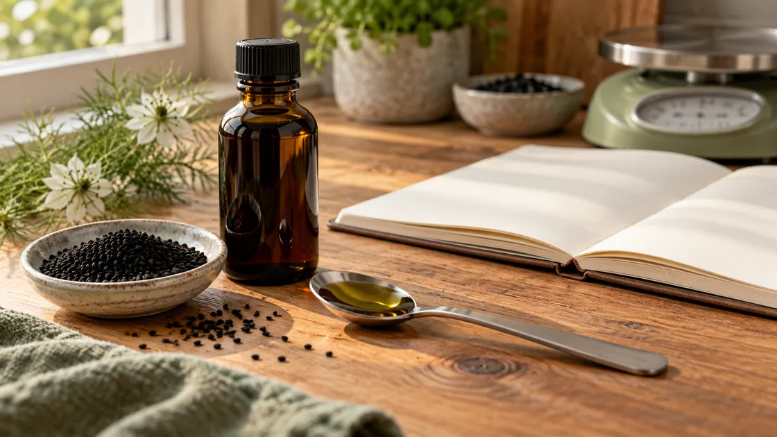 schwarzkümmelöl abnehmen – Öl, Samen, Teelöffel und Küchenwaage zum Abmessen