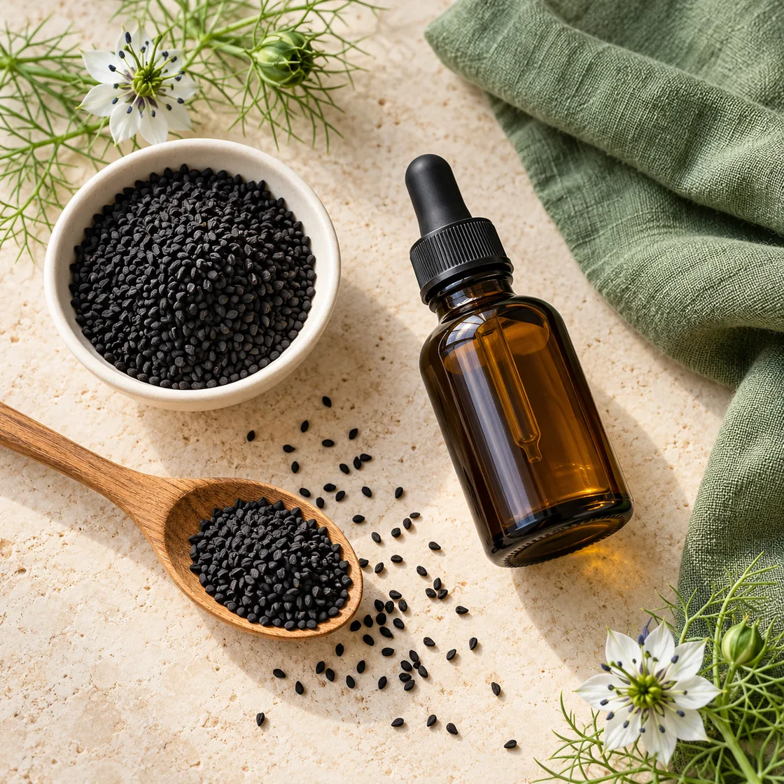 schwarzkümmelöl abnehmen – Schwarzkümmelsamen, braune Ölflasche und Blüten als sachliches Stillleben