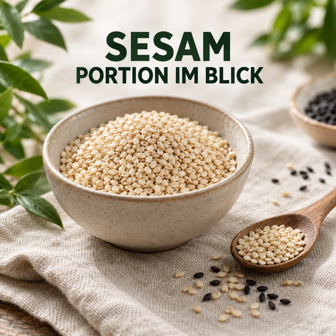 Sesam gesund: kleine beige Sesamsamen in einer Schale mit Schriftzug SESAM PORTION IM BLICK