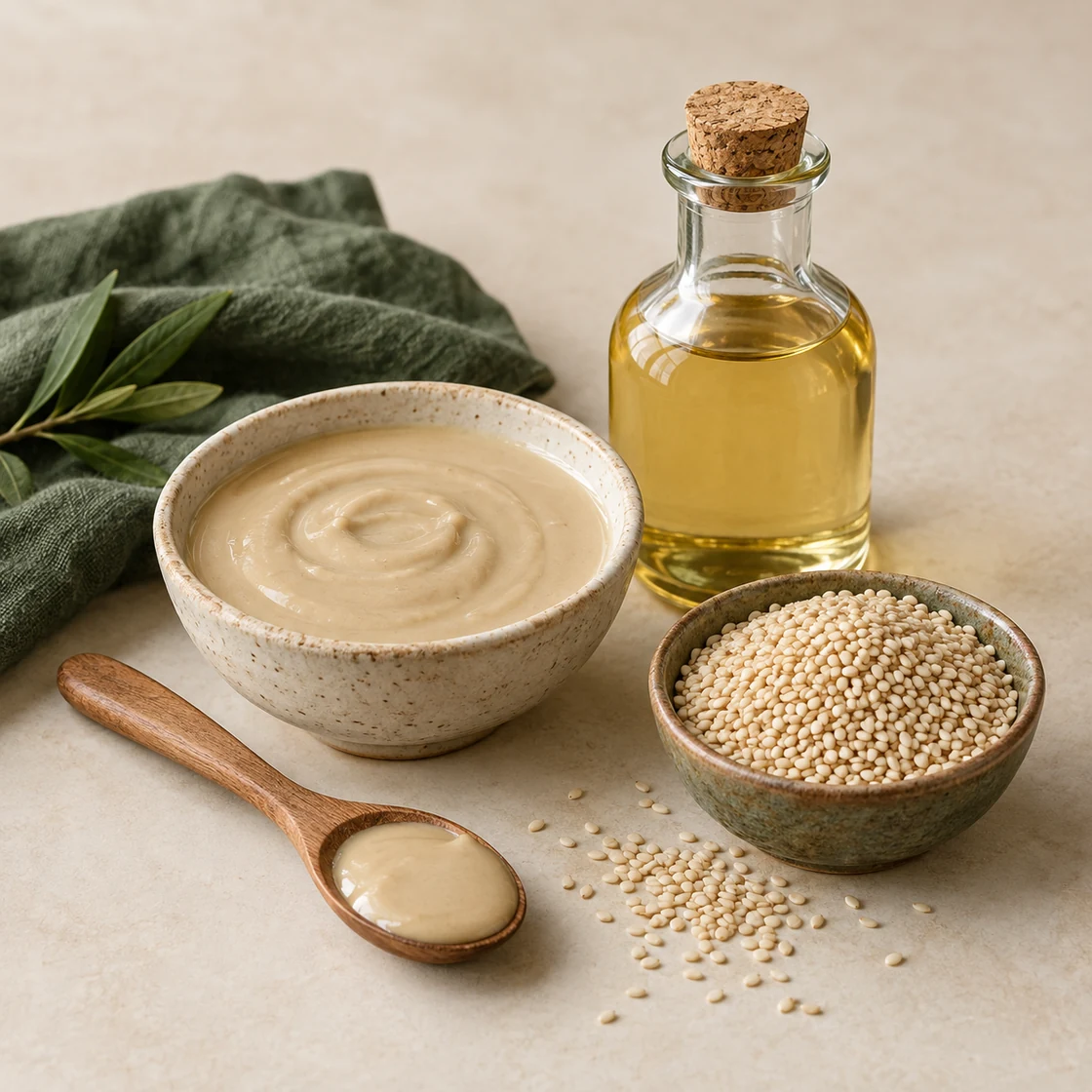 Sesam gesund: Sesampaste Tahin, Samen und eine Flasche Sesamöl