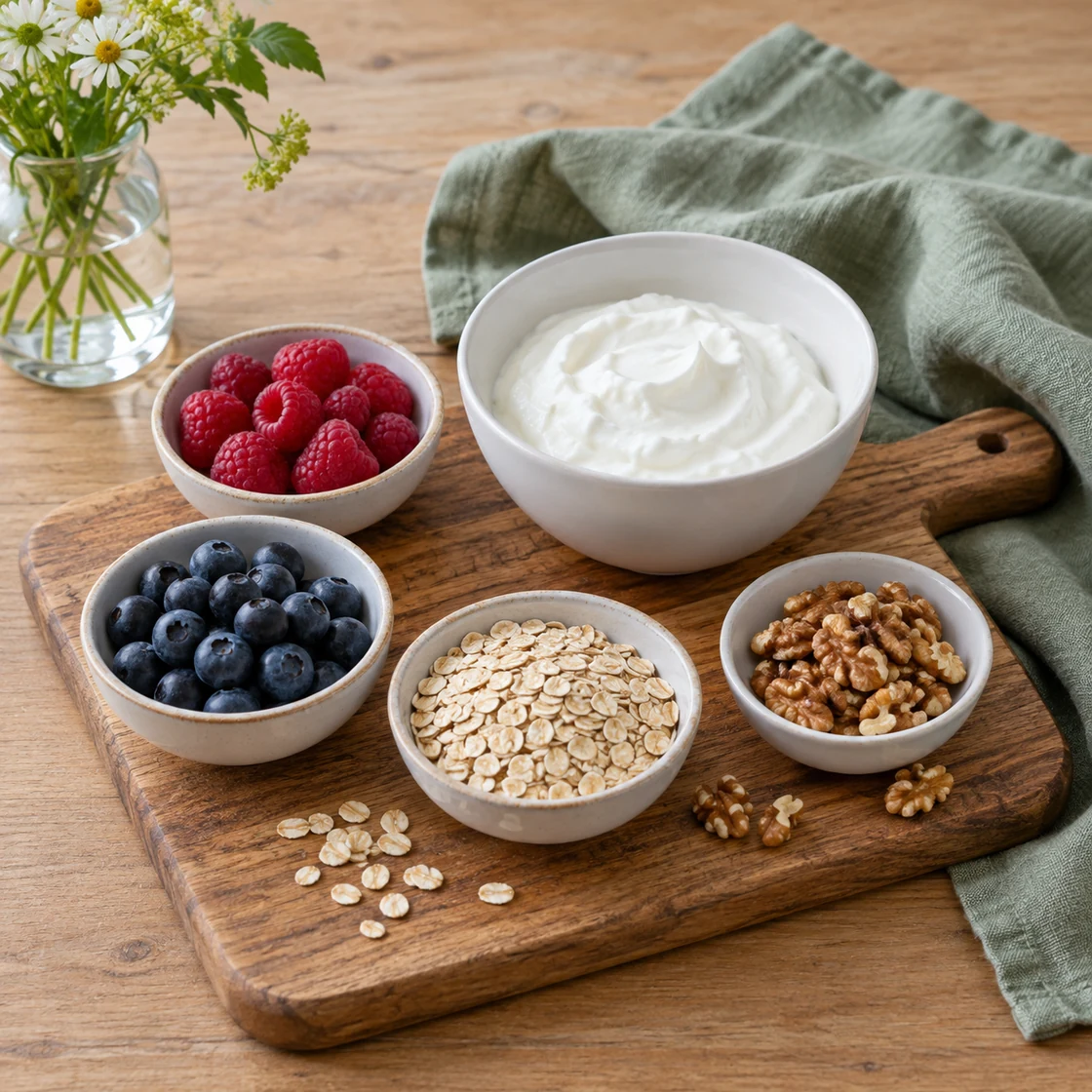 skyr gesund: Naturprodukt neben getrennten Schalen mit Beeren, Haferflocken und Walnüssen