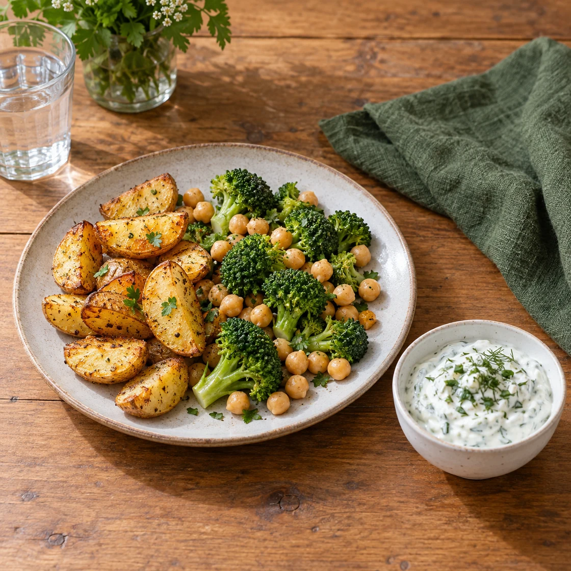 skyr gesund: vollständiger Teller mit Kartoffeln, Brokkoli und Kichererbsen neben Kräuterdip