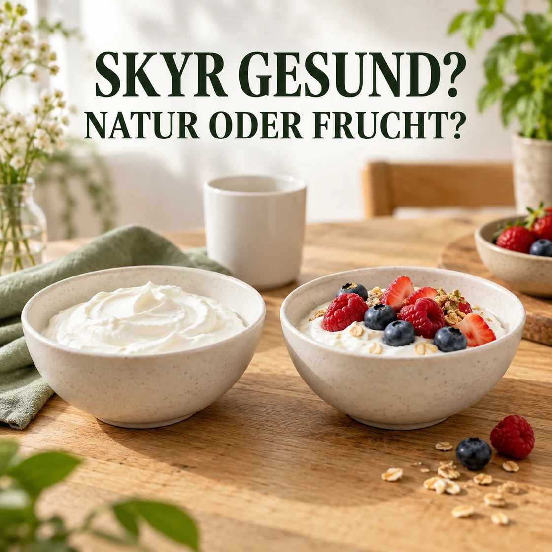 skyr gesund: Natur-Skyr und Skyr mit Beeren unter dem Schriftzug NATUR ODER FRUCHT?