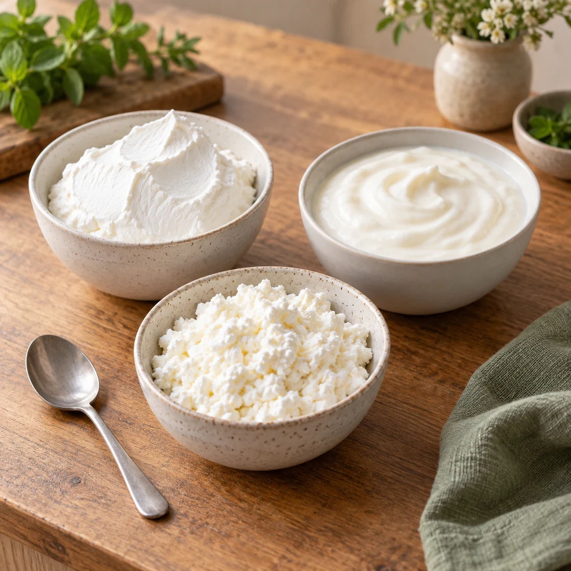 skyr gesund: drei vollständig sichtbare Schalen mit festem Skyr, cremigem Joghurt und körnigem Quark