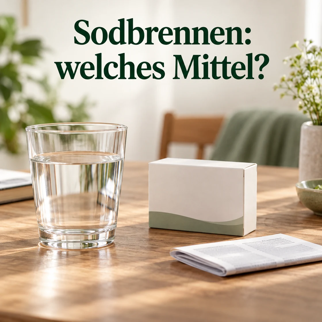 sodbrennen medikament – Wasser und neutrale Packung mit der Frage welches Mittel?