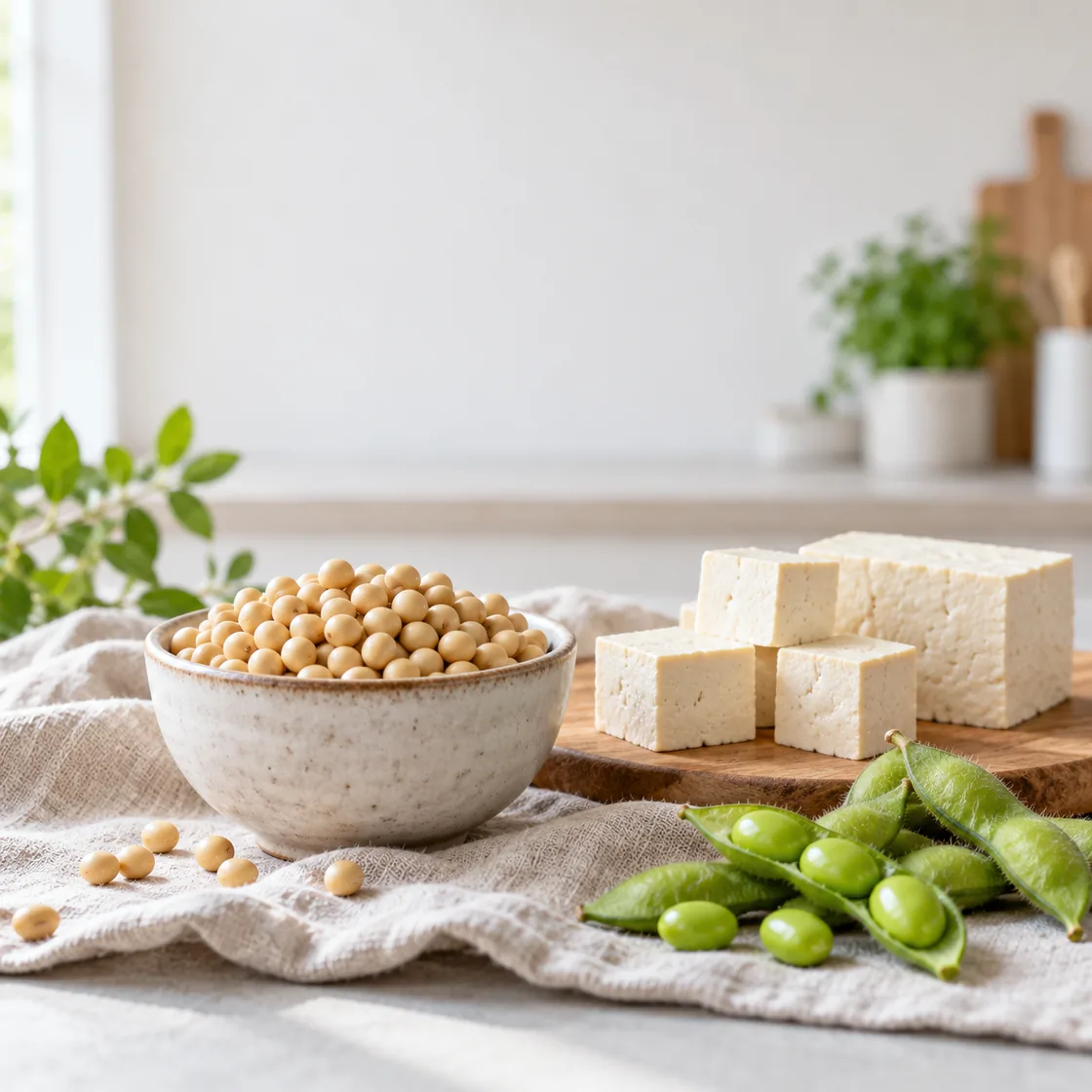Soja gesund: Sojabohnen, Tofu und Edamame auf dem Tisch