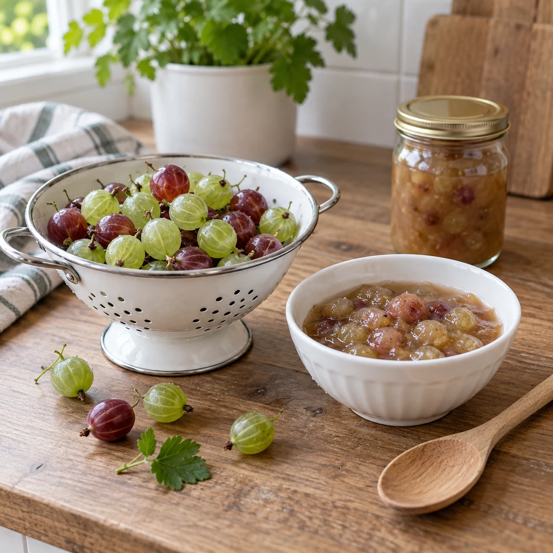 stachelbeeren gesund: frische Früchte im Sieb neben Kompott und geschlossenem Glas