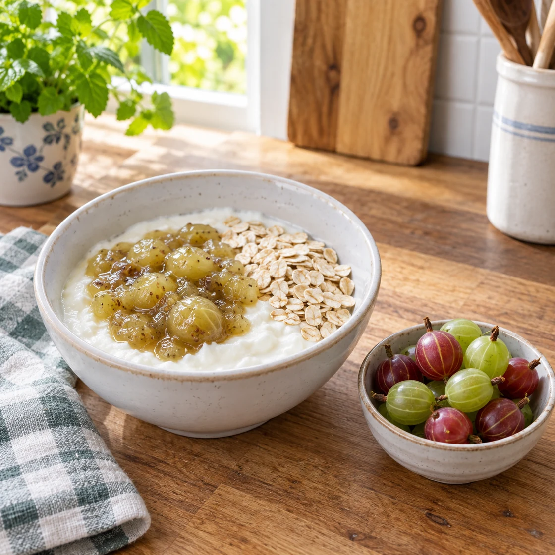 stachelbeeren gesund: vollständige Schale mit Naturjoghurt, Haferflocken und gegartem Beerenkompott