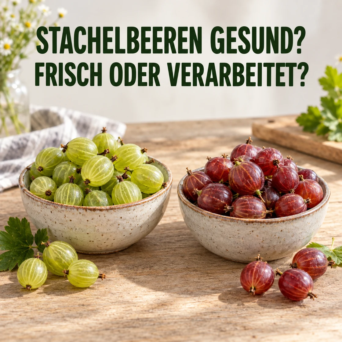 stachelbeeren gesund: grüne und rote Früchte unter dem Schriftzug FRISCH ODER VERARBEITET?