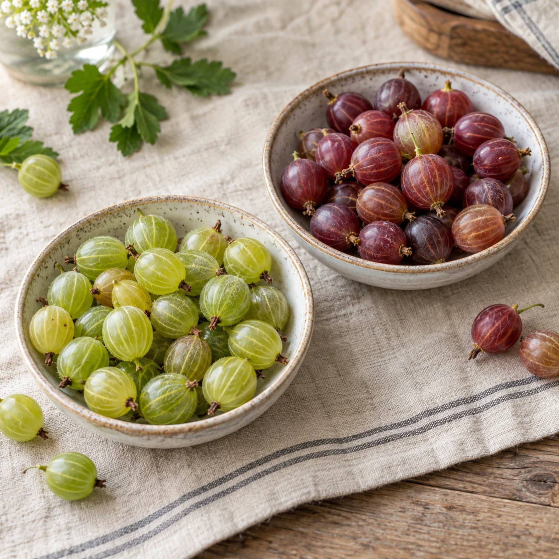 stachelbeeren gesund: grüne und rote Früchte mit Längsstreifen in vollständig sichtbaren Schalen