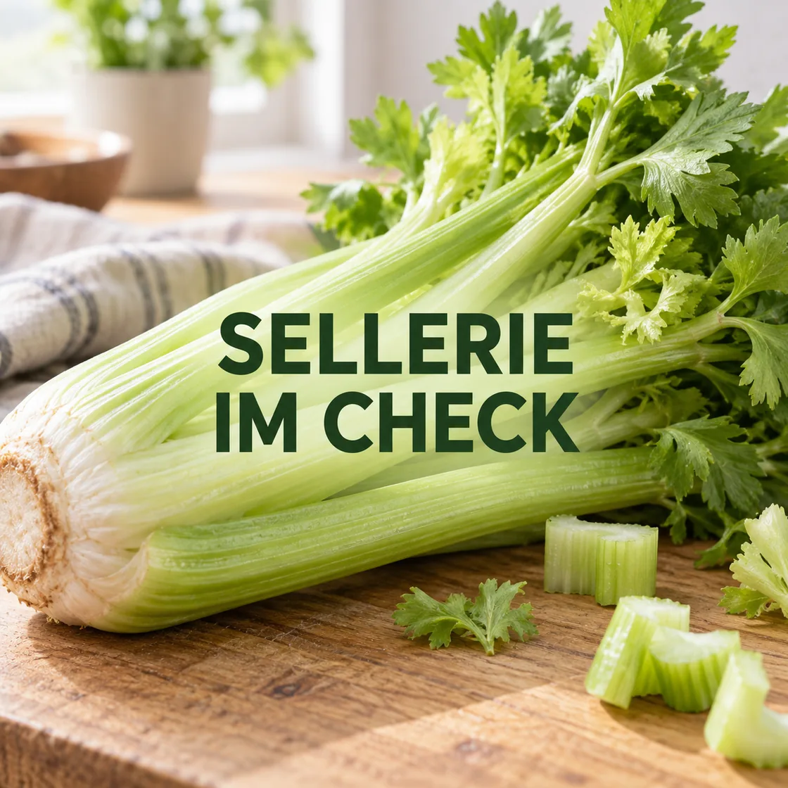 Staudensellerie gesund: frische Stiele und Blätter mit dem Schriftzug Sellerie im Check