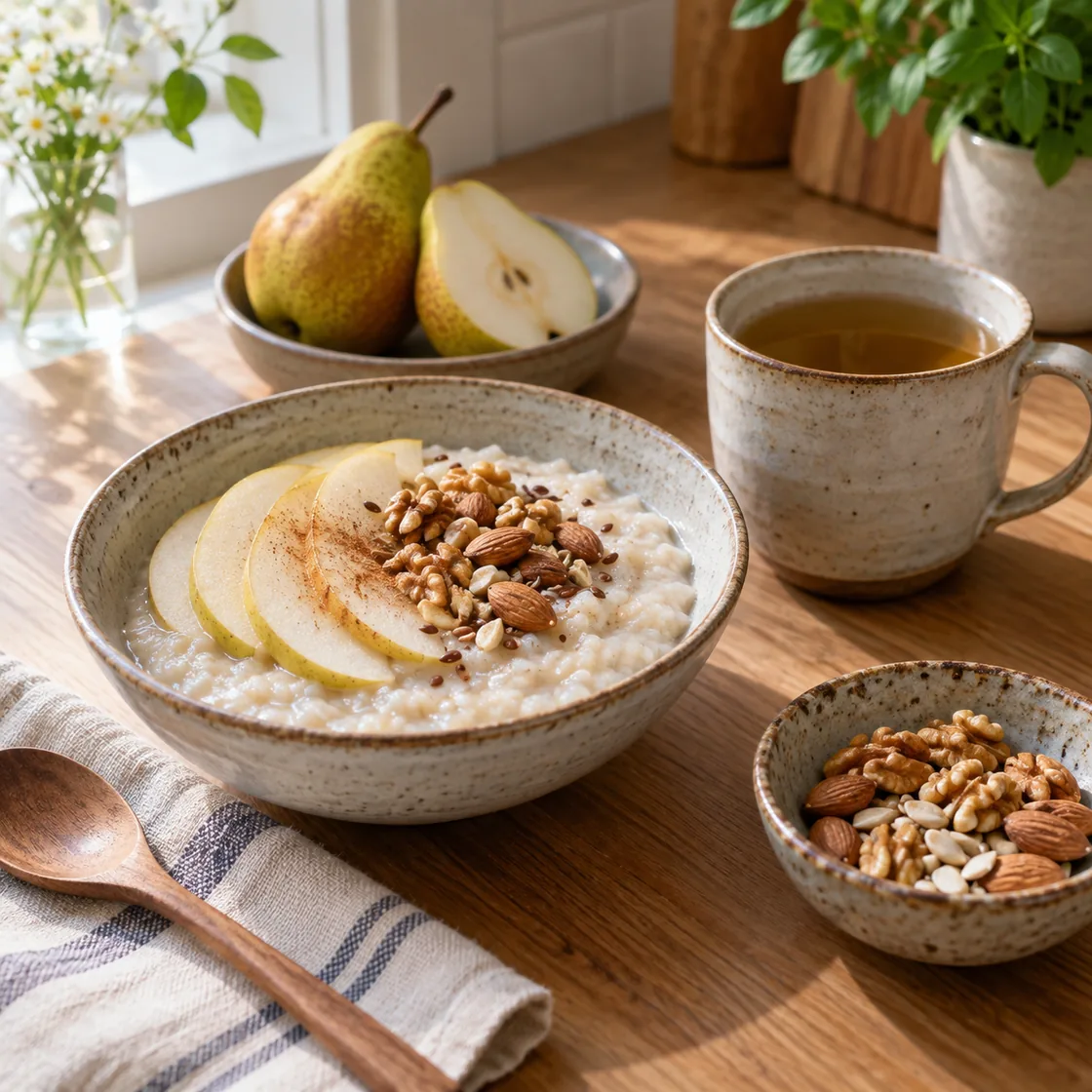 tcm ernährung – warmer Frühstücksbrei mit Birne und Nüssen