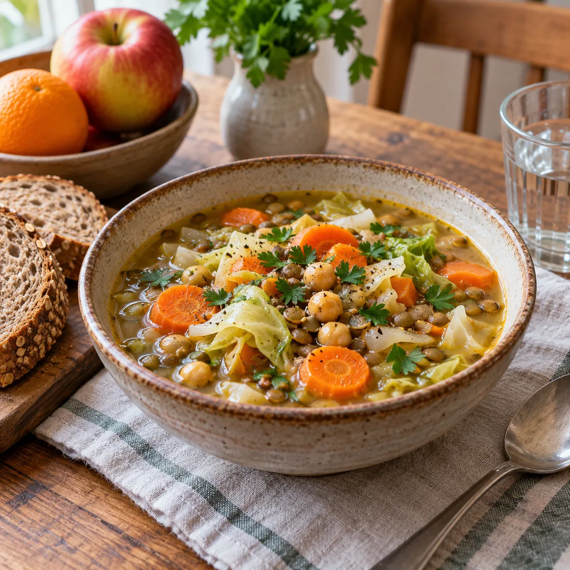 tcm ernährung – saisonale Gemüsesuppe mit Brot und Obst