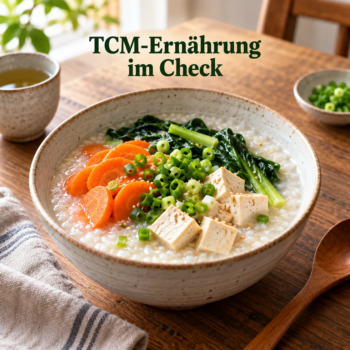 tcm ernährung – Reisschale mit Gemüse und Tofu, darüber TCM-Ernährung im Check