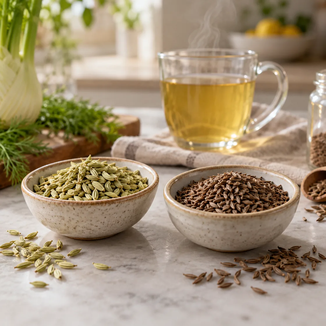 tee gegen blähungen – Fenchel und Kümmel neben einer Tasse Tee