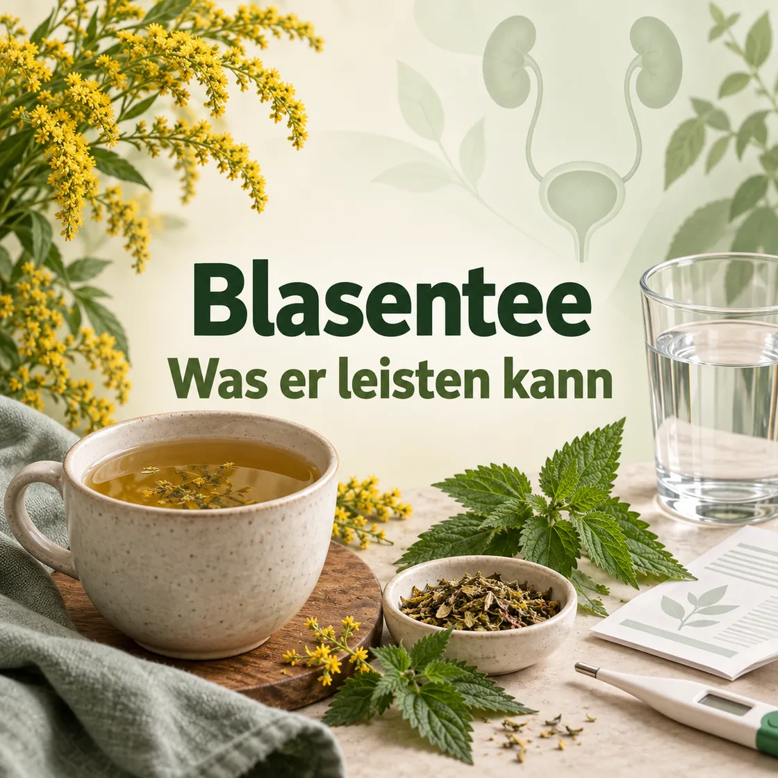 Tee gegen Blasenentzündung – Kräutertee, Wasser, Goldrute, Brennnessel und Thermometer im sachlichen Überblick.