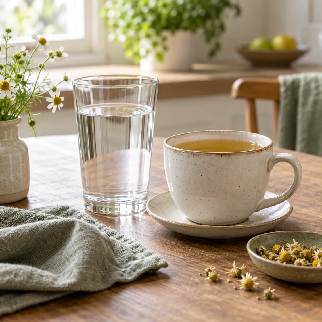 tee gegen durchfall – Tasse milder Tee und Glas Wasser