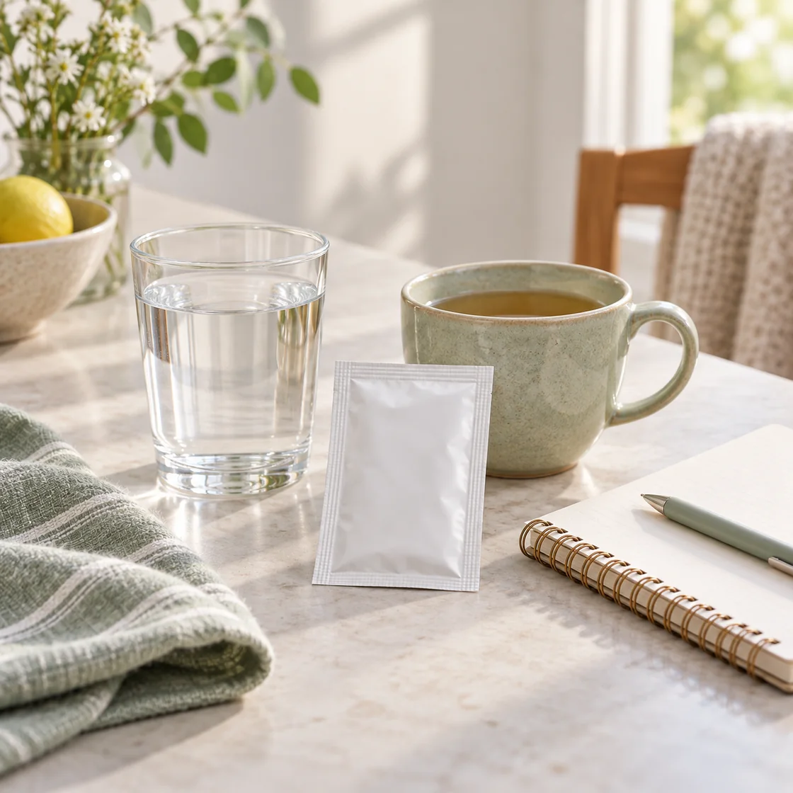 tee gegen durchfall – Tee, Wasser, Elektrolytpulver und Notizbuch