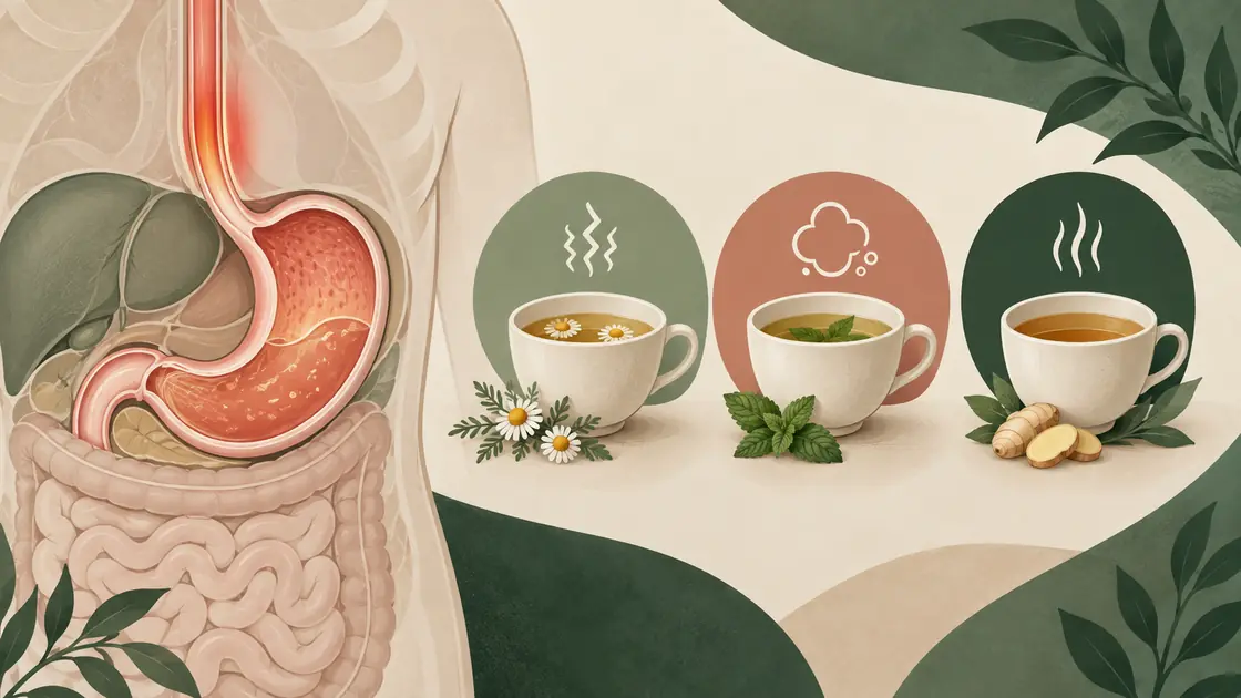 Tee gegen Magenschmerzen – Magenillustration mit drei Teetassen für Krämpfe, Blähungen und Brennen.