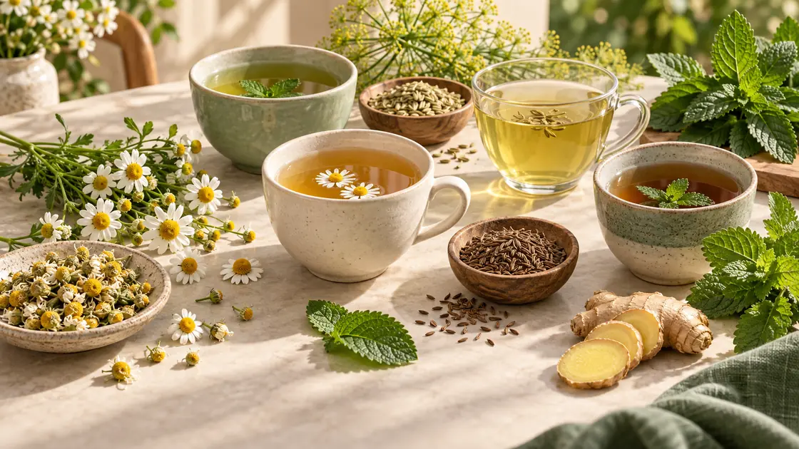 Tee gegen Magenschmerzen – Kamille, Fenchel, Kümmel, Pfefferminze, Melisse und Ingwer getrennt angerichtet.