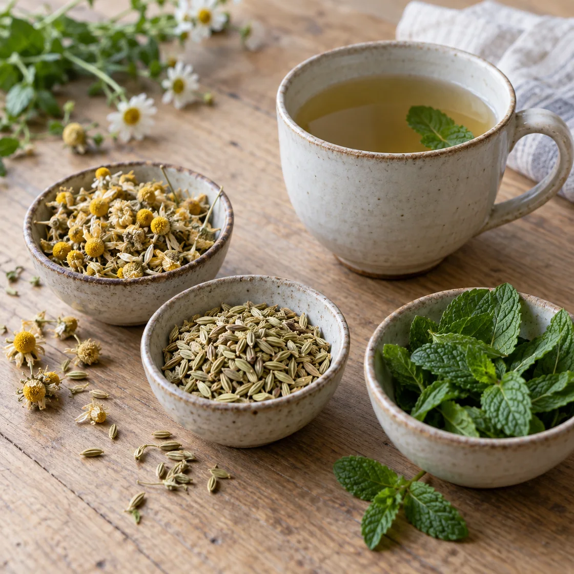 tee gegen übelkeit – ausgewählte Kräuter neben einer Teetasse